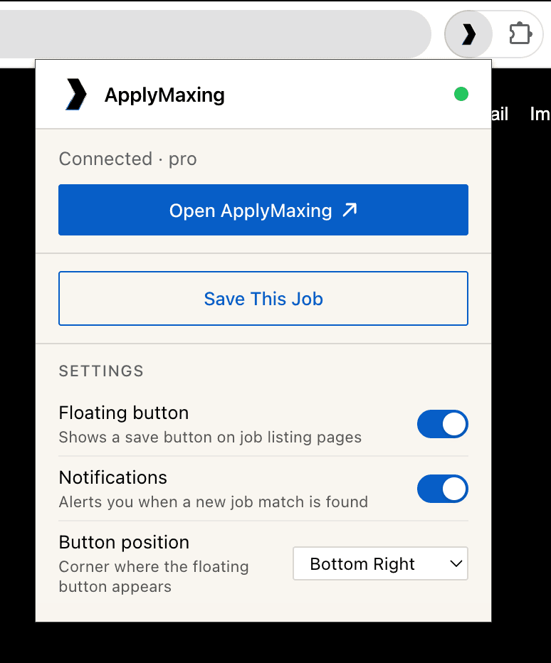 ApplyMaxing extension popup showing connected pro state with settings