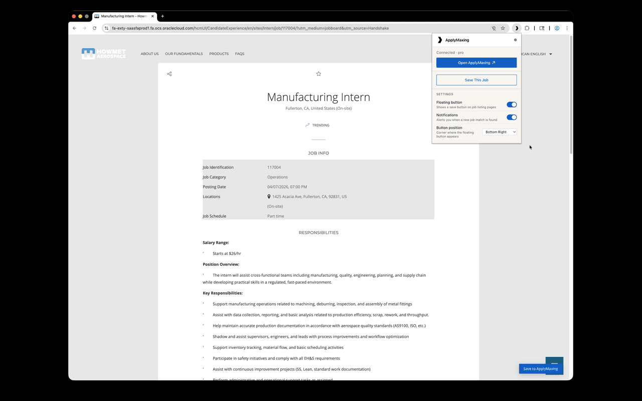 ApplyMaxing extension popup open on a job listing page